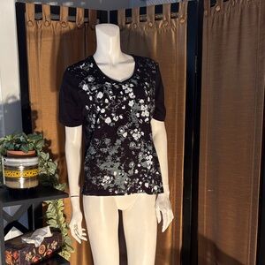 Black Floral Short-Sleeve V-Neck Top